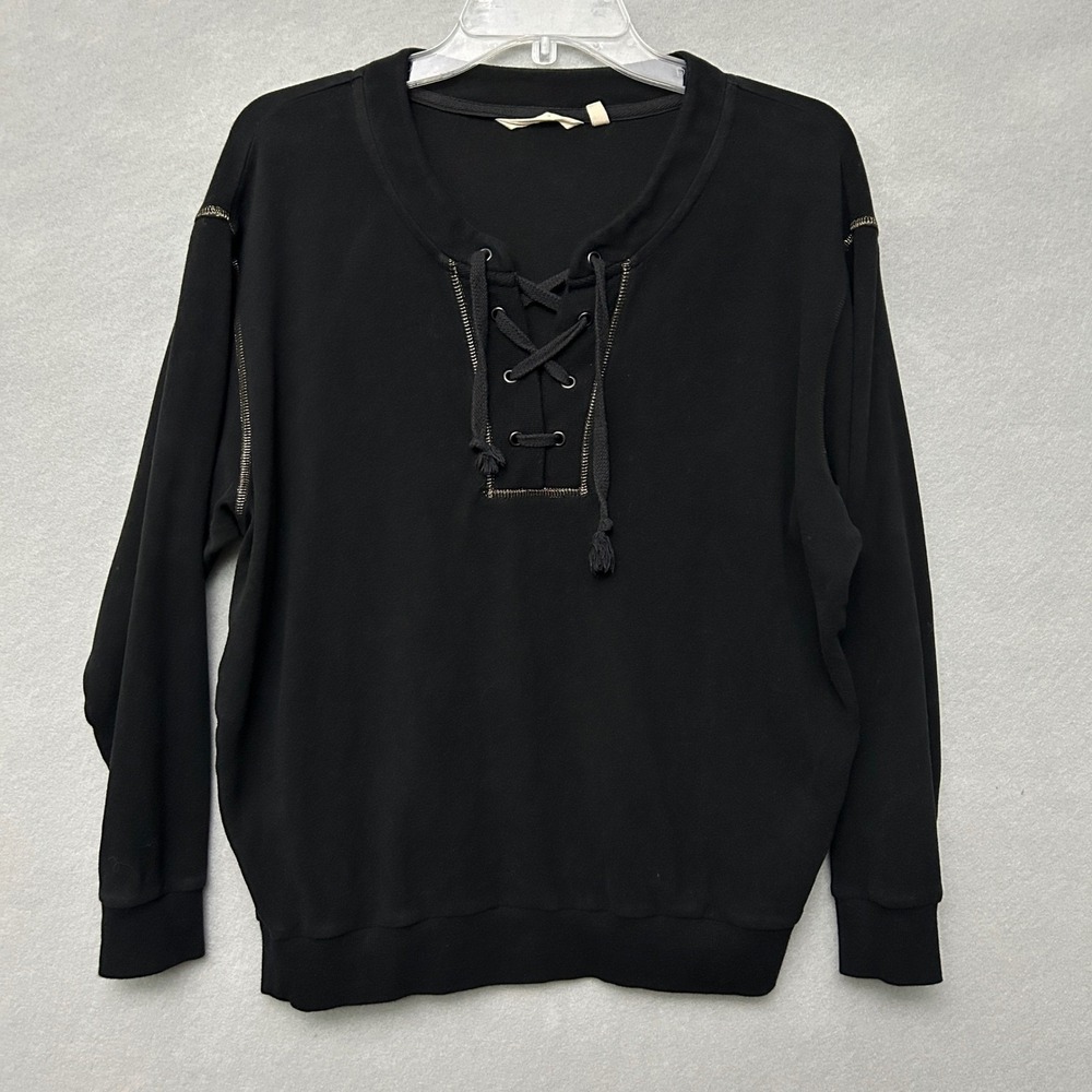 Soft Surroundings Womens S Sweatshirt Black Lace Up V-Neck Metallic Pullover